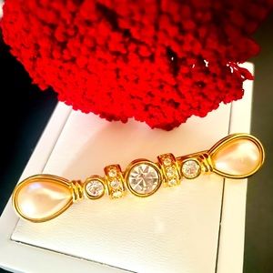 Vintage Monet Gold Pearl and Rhinestone Bar Brooch